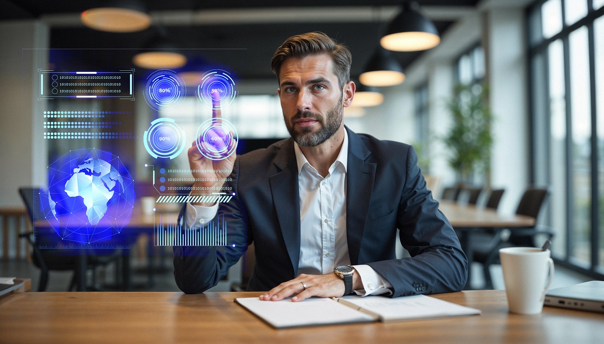 Empresário usando tecnologia futurista